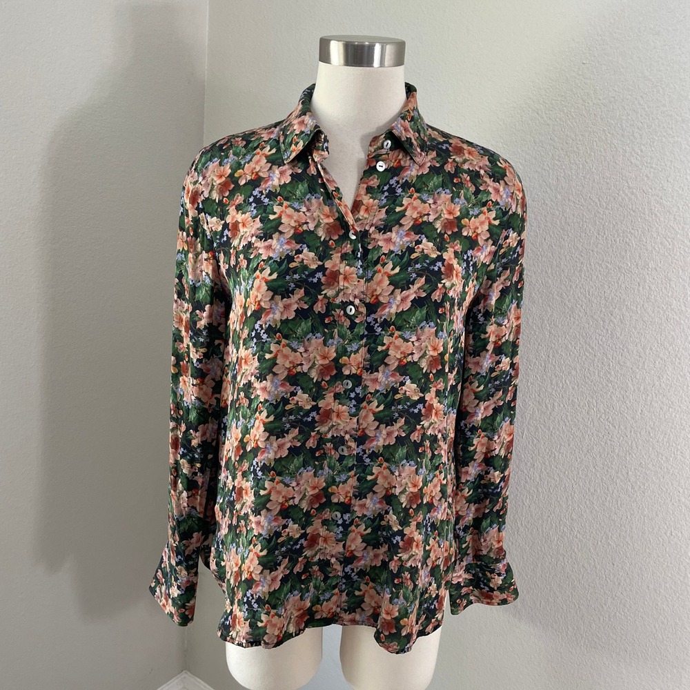 Vince Womens Medium Silk Stretch Floral Wild Primrose Print Blouse Long Sleeve